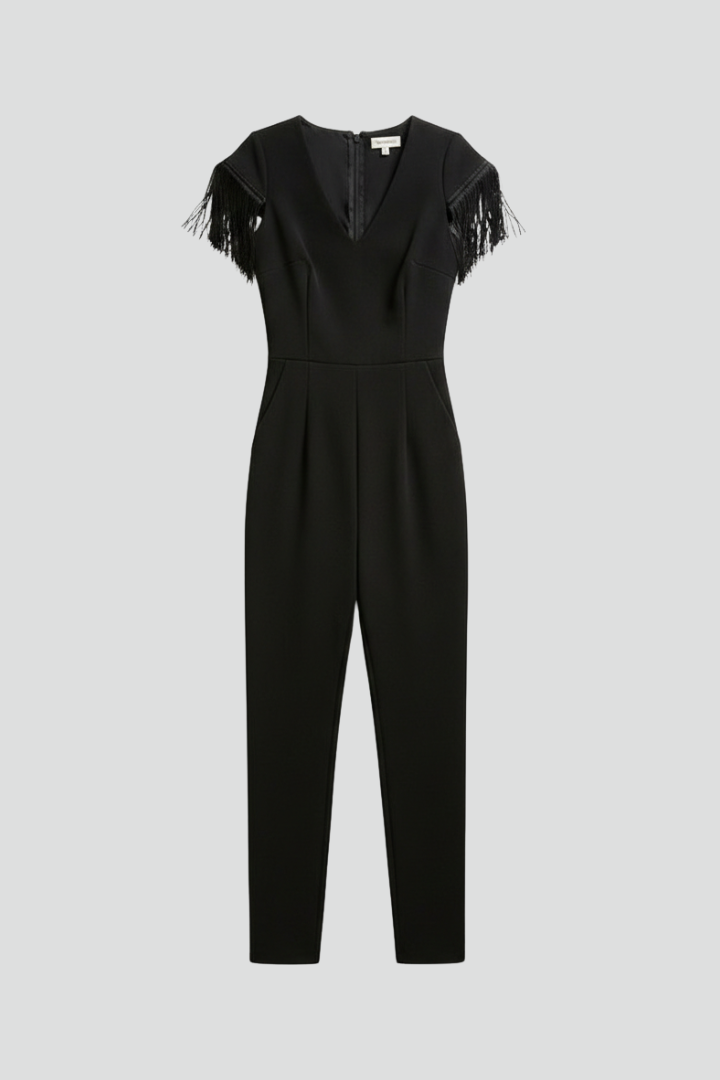 Women’s Jumpsuit with V Neckline and Fringe Shoulders