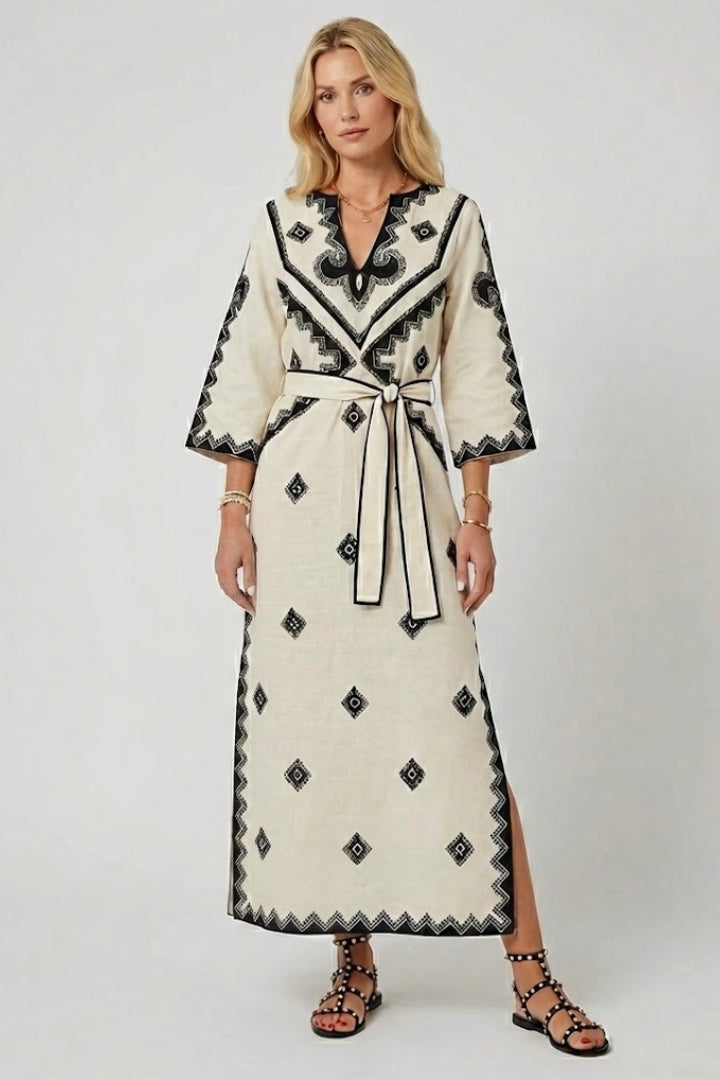 Women’s Kaftan Dress with Embroidery and Adjustable Waist