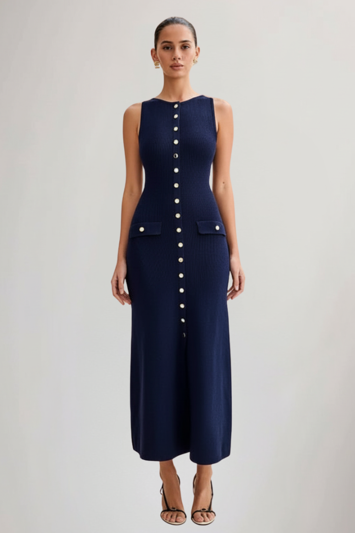 Women’s Knit Maxi Dress with Sleeveless Cut and Front Buttons