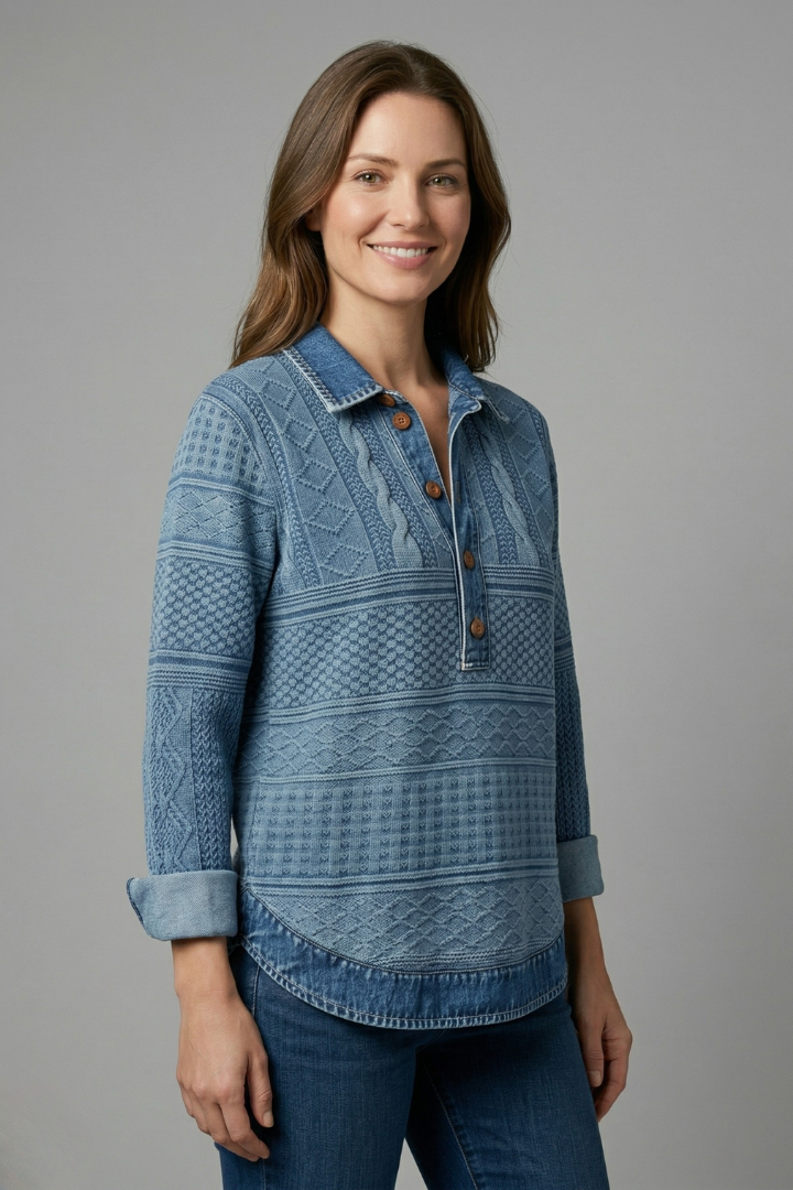 Women’s Knit Top with Button Closure and Textured Surface