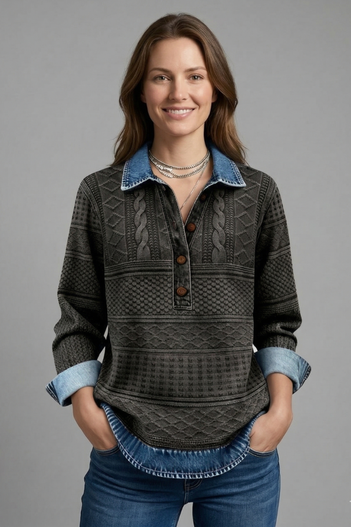 Women’s Knit Top with Button Closure and Textured Surface