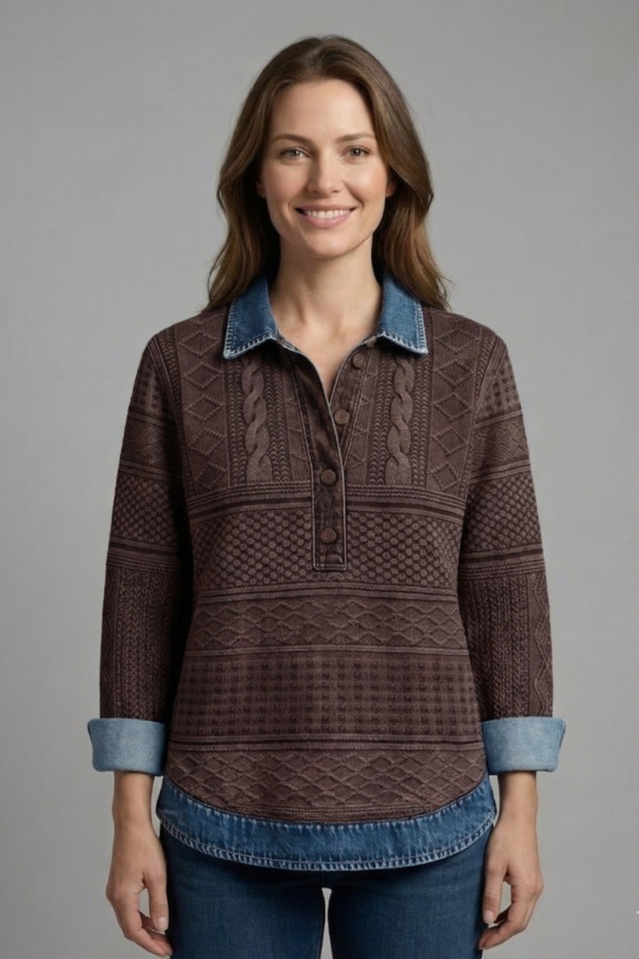 Women’s Knit Top with Button Closure and Textured Surface
