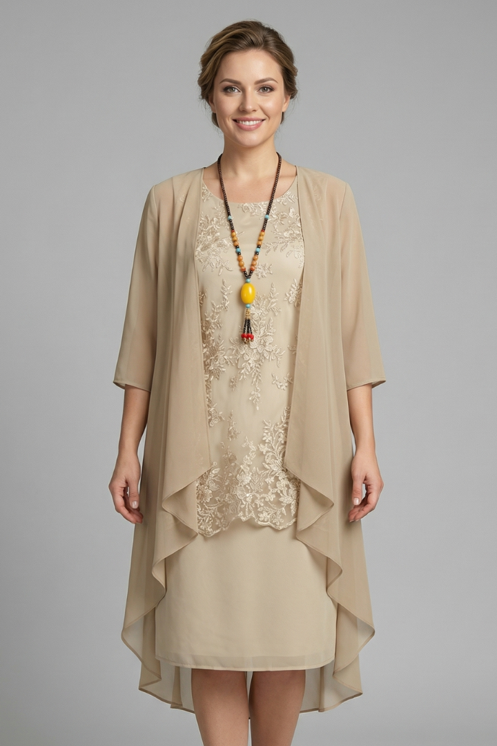 Women’s Layered Dress with Round Neck and Sheer Overlay