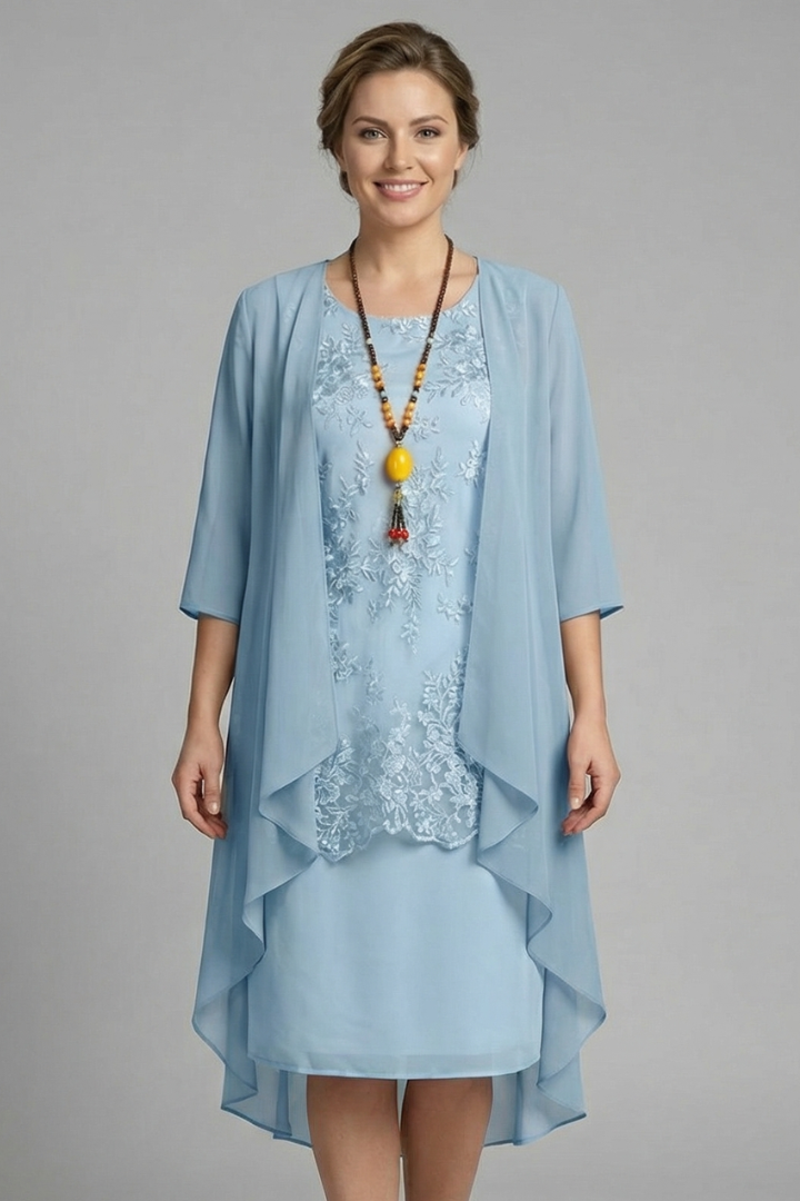 Women’s Layered Dress with Round Neck and Sheer Overlay