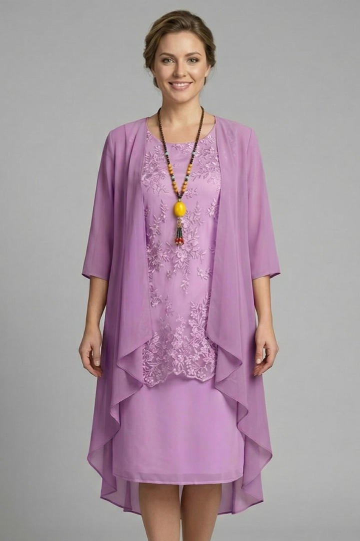 Women’s Layered Dress with Round Neck and Sheer Overlay