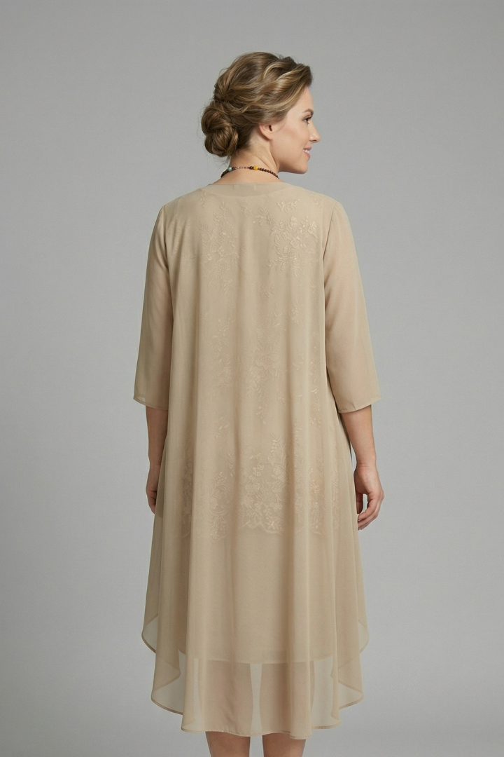 Women’s Layered Dress with Round Neck and Sheer Overlay