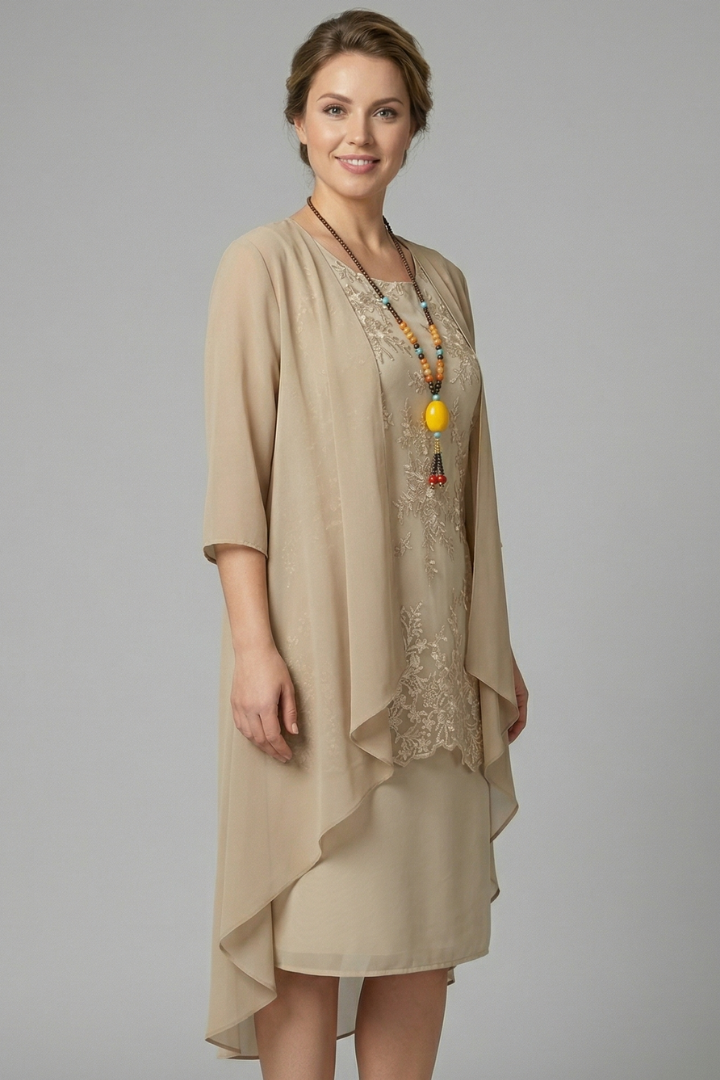 Women’s Layered Dress with Round Neck and Sheer Overlay