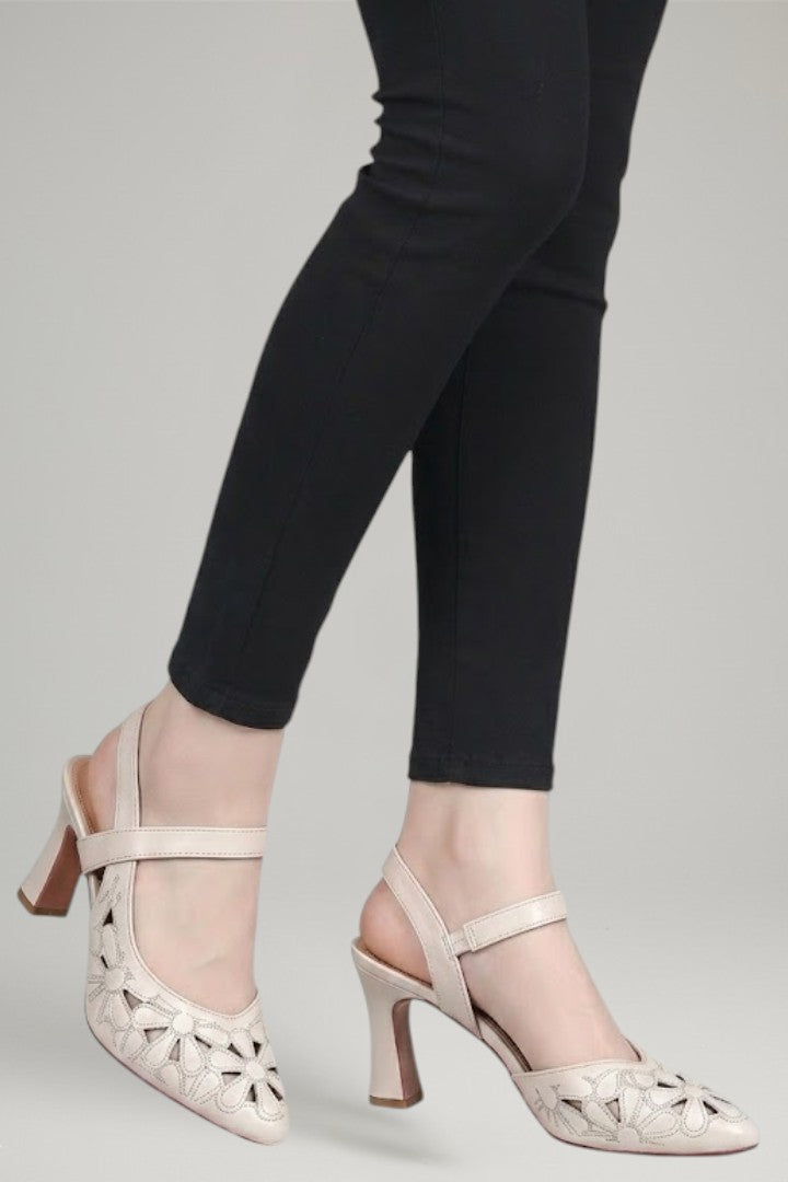 Women's Leather Heels with Buckle Fastening and Cushioned Sole