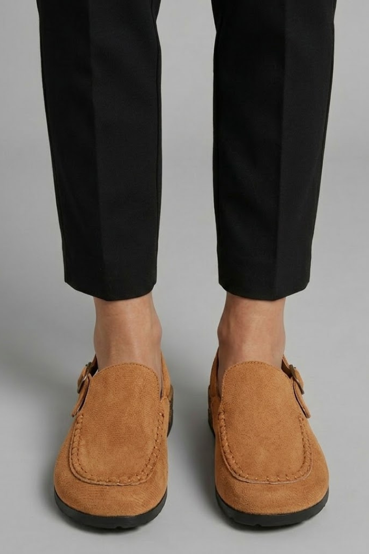 Women's Leather Mules Slippers with Round Toe and Buckle