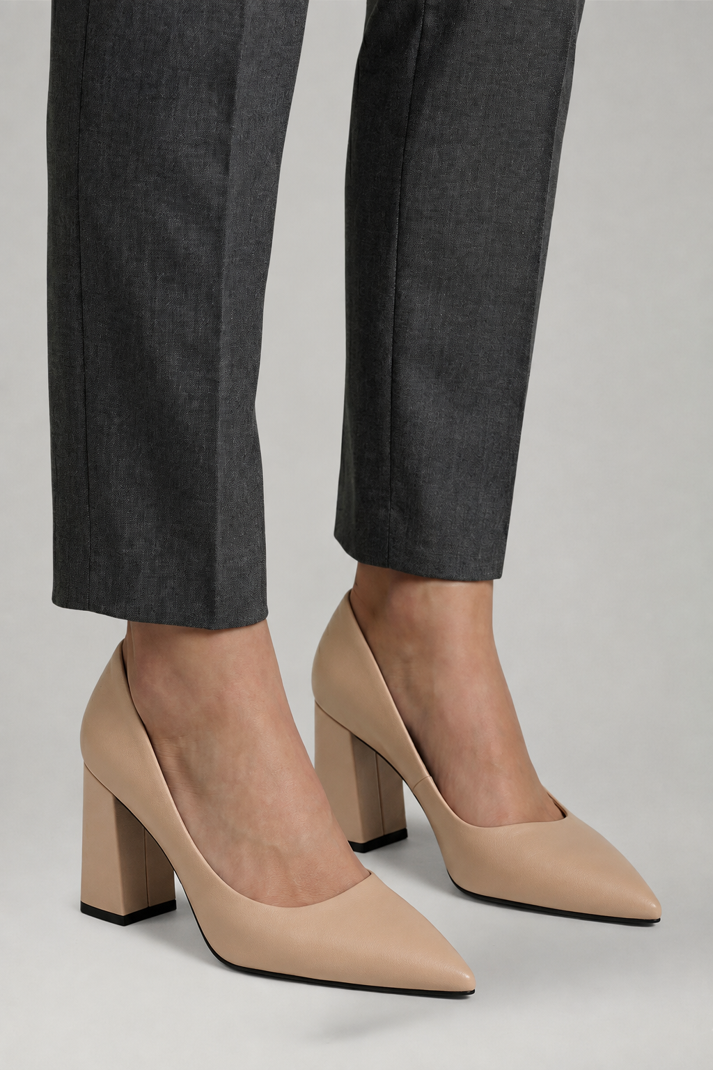 Women's Leather Pumps with Slip On Design and Block Heel