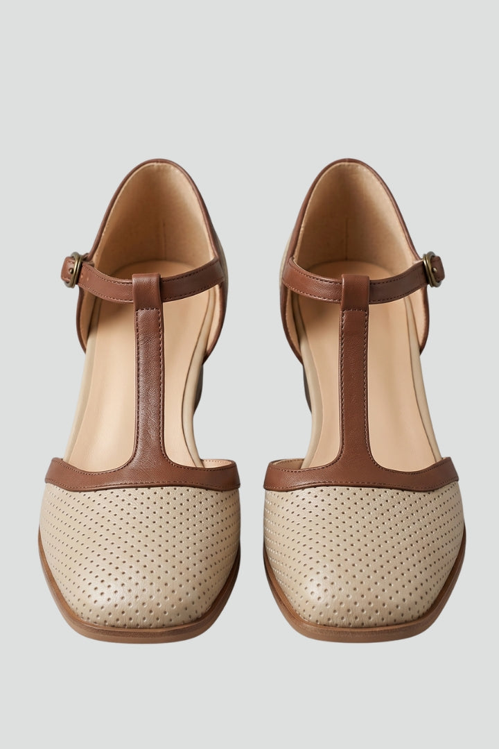 Women's Leather Shoes with T Strap and Mid Heel