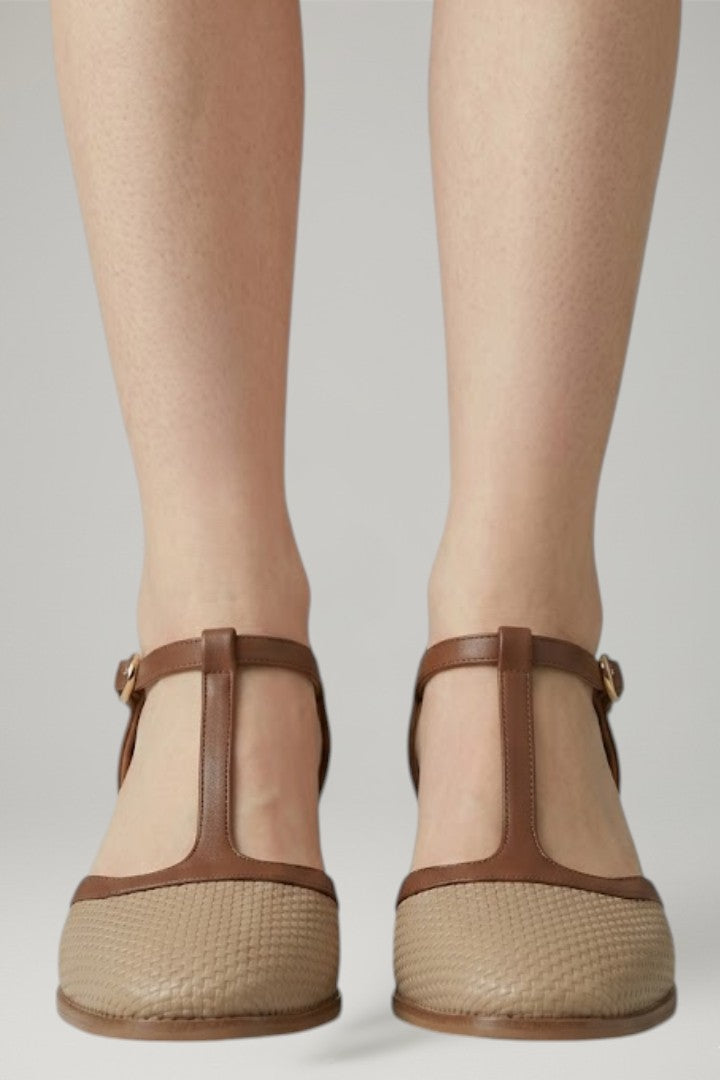 Women's Leather Shoes with T Strap and Mid Heel