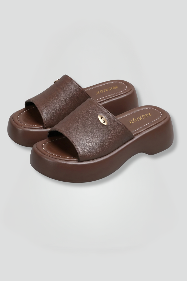 Women's Leather Slippers with Open Toe and Platform Sole