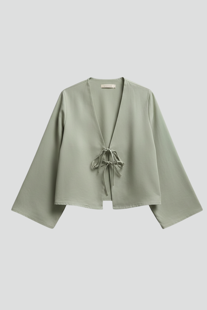 Women’s Long-Sleeve Blouse with V-Neck and Front Tie