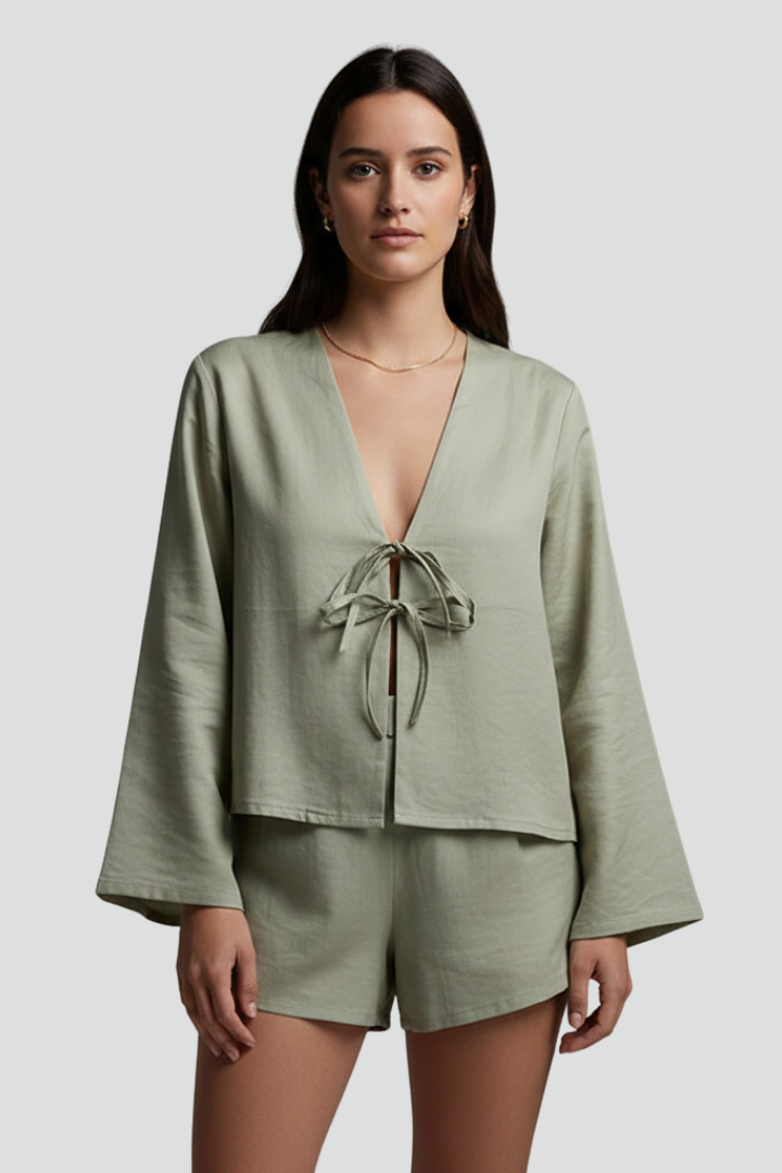 Women’s Long-Sleeve Blouse with V-Neck and Front Tie