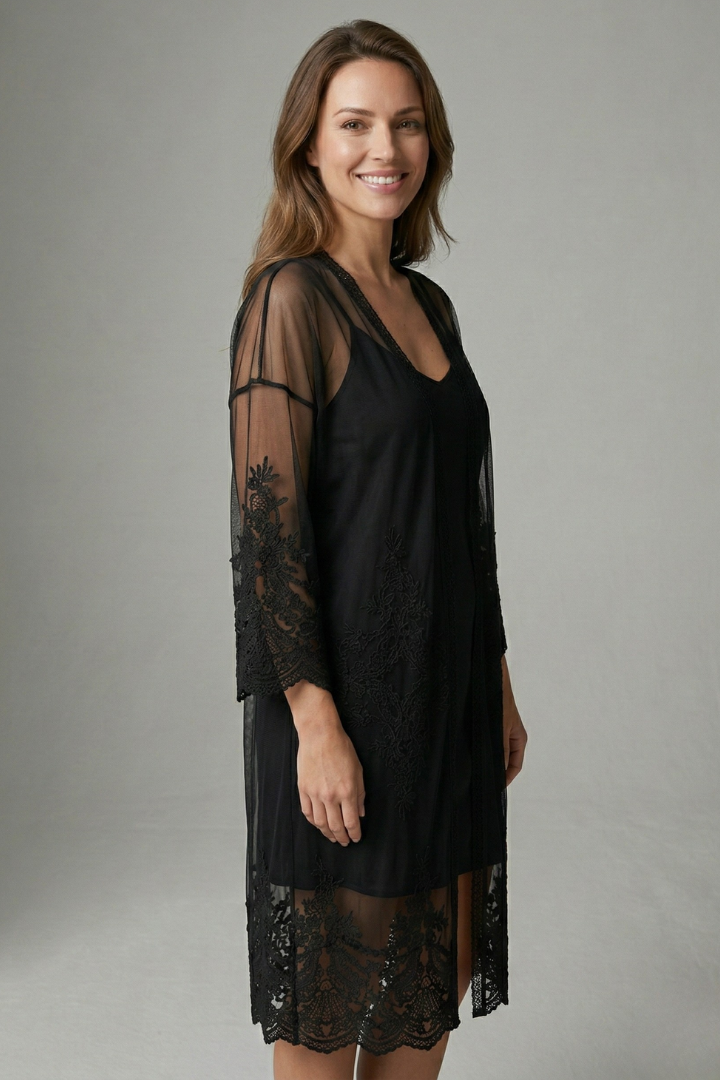Women’s Long Cardigan with Open Front and Lace Trim