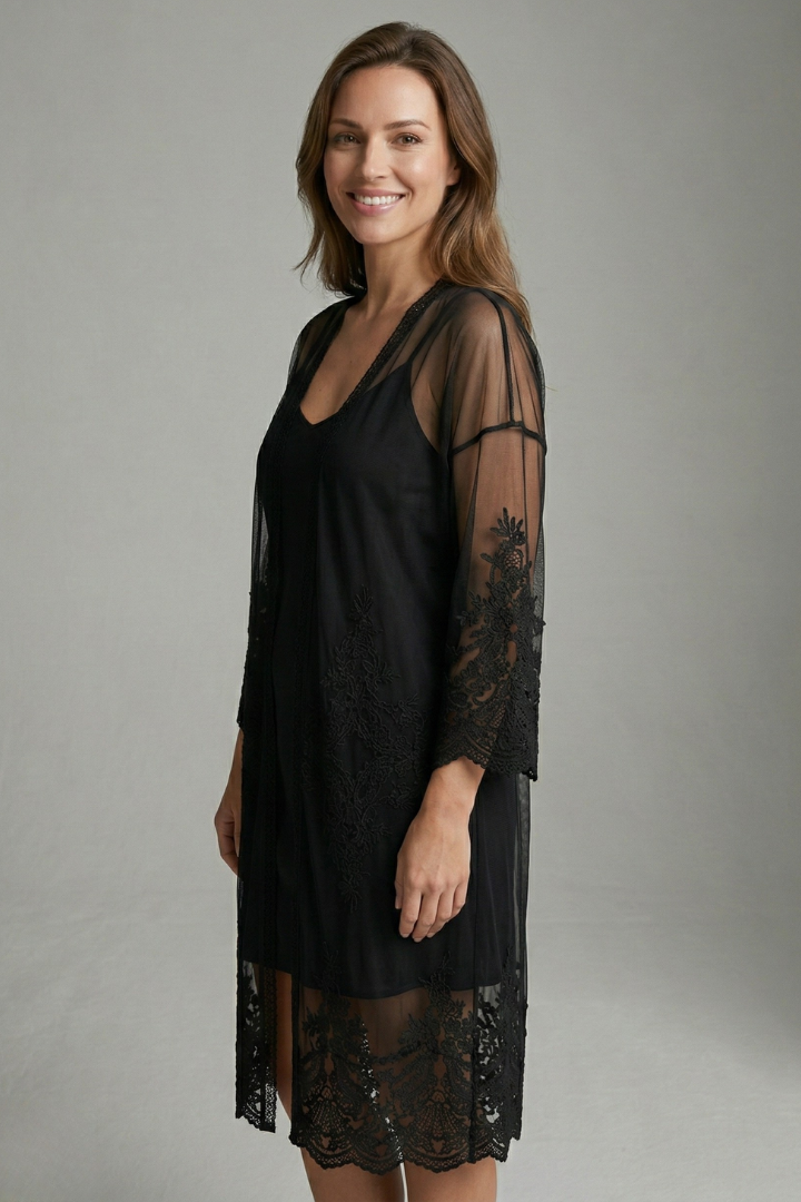 Women’s Long Cardigan with Open Front and Lace Trim