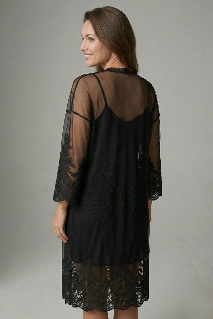 Women’s Long Cardigan with Open Front and Lace Trim