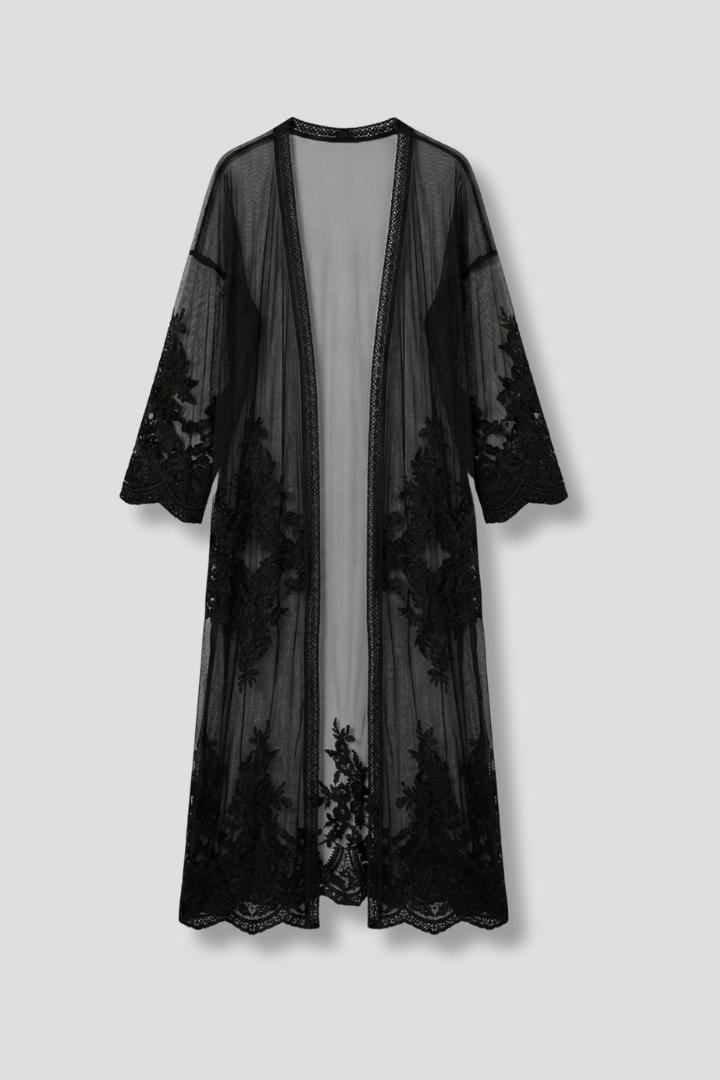Women’s Long Cardigan with Open Front and Lace Trim