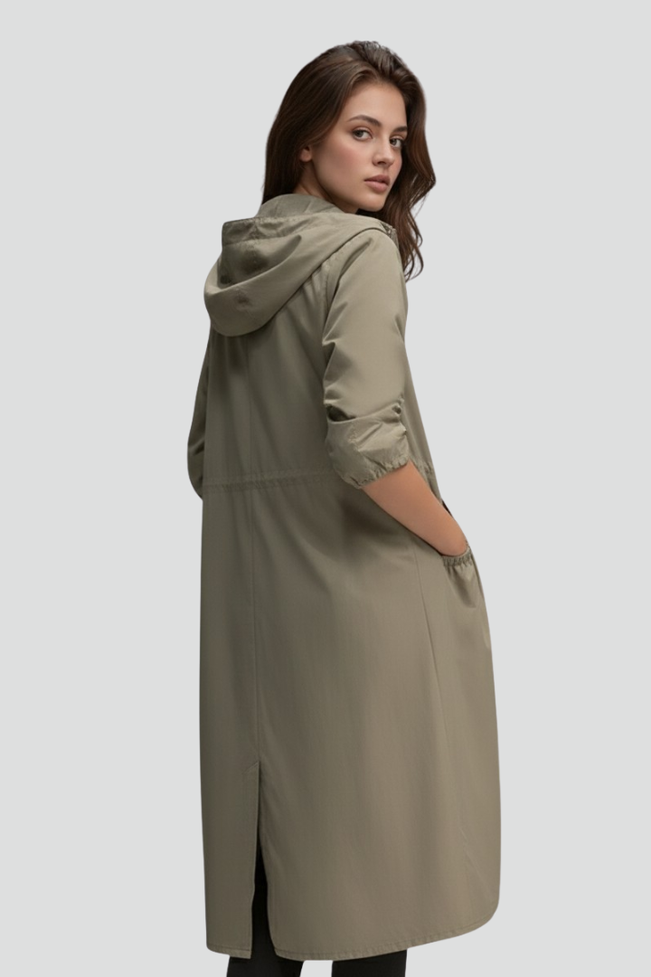 Women’s Long Coat with Hood and Front Zip