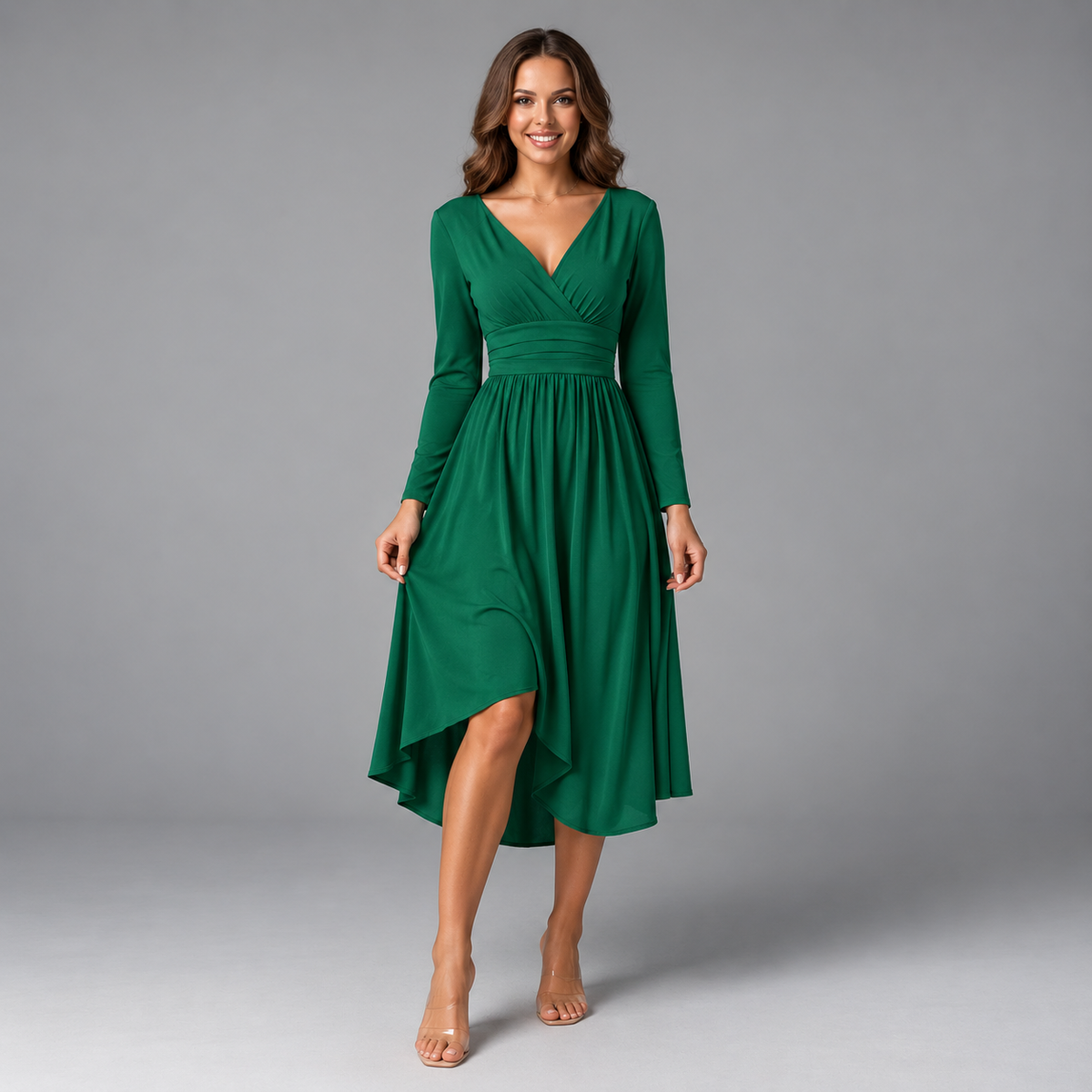 Women’s Long Dress with V-Neck and Side Slit
