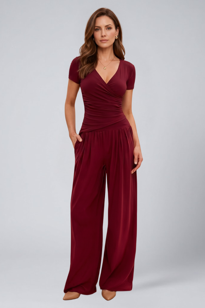 Women's Lounge Set with Wrap Top and Wide-Leg Pants