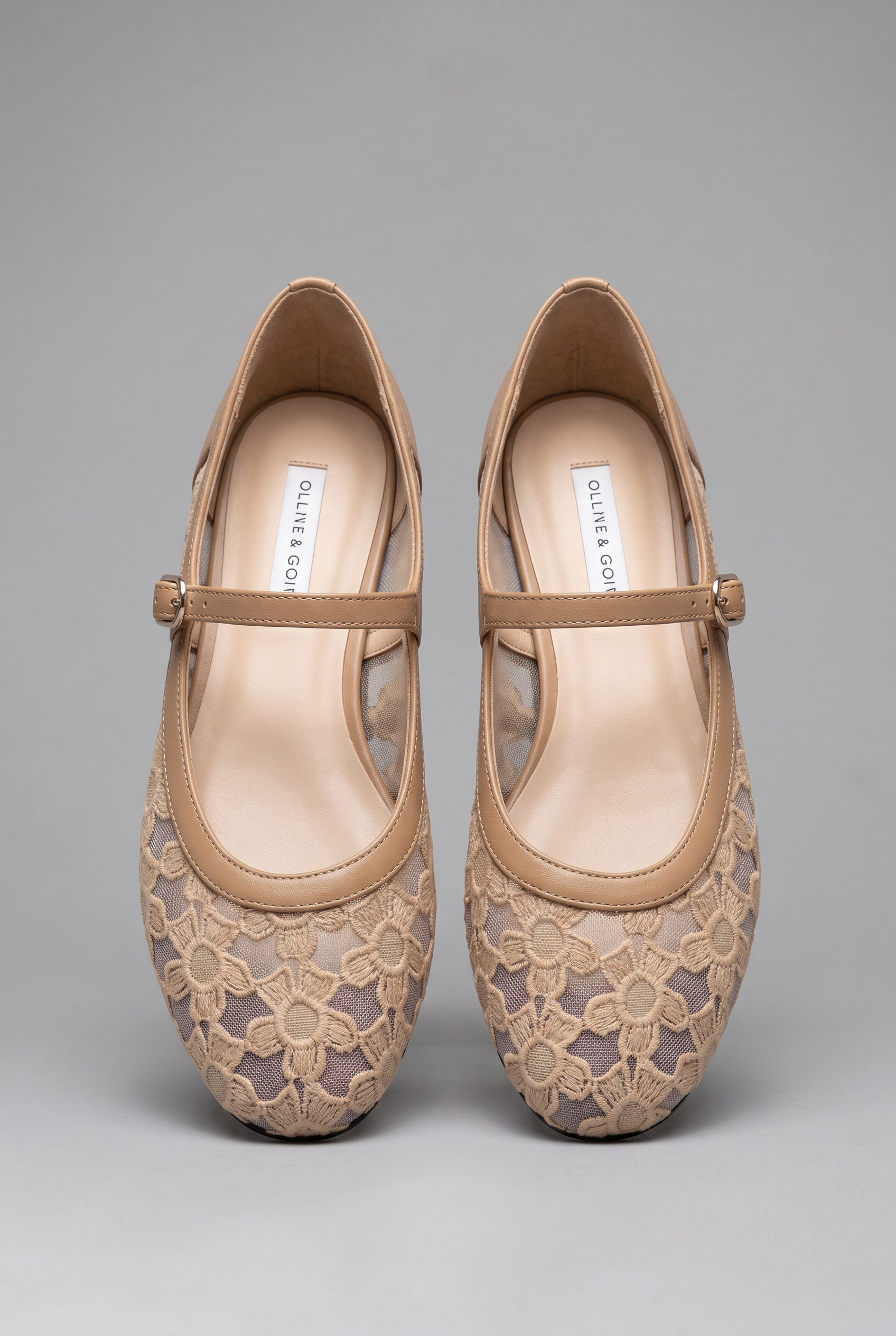 Women's Mary Jane Flats with Floral Lace Mesh Upper