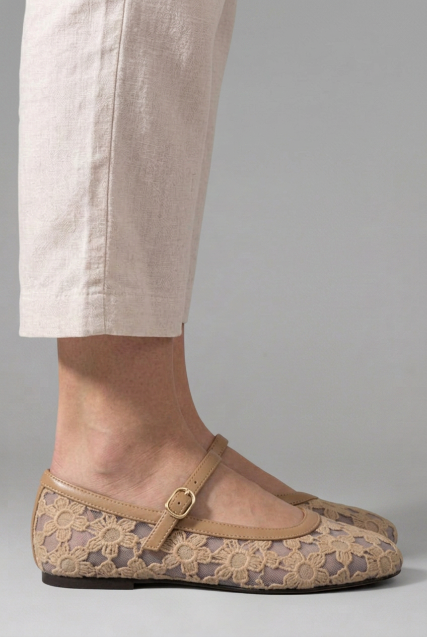 Women's Mary Jane Flats with Floral Lace Mesh Upper