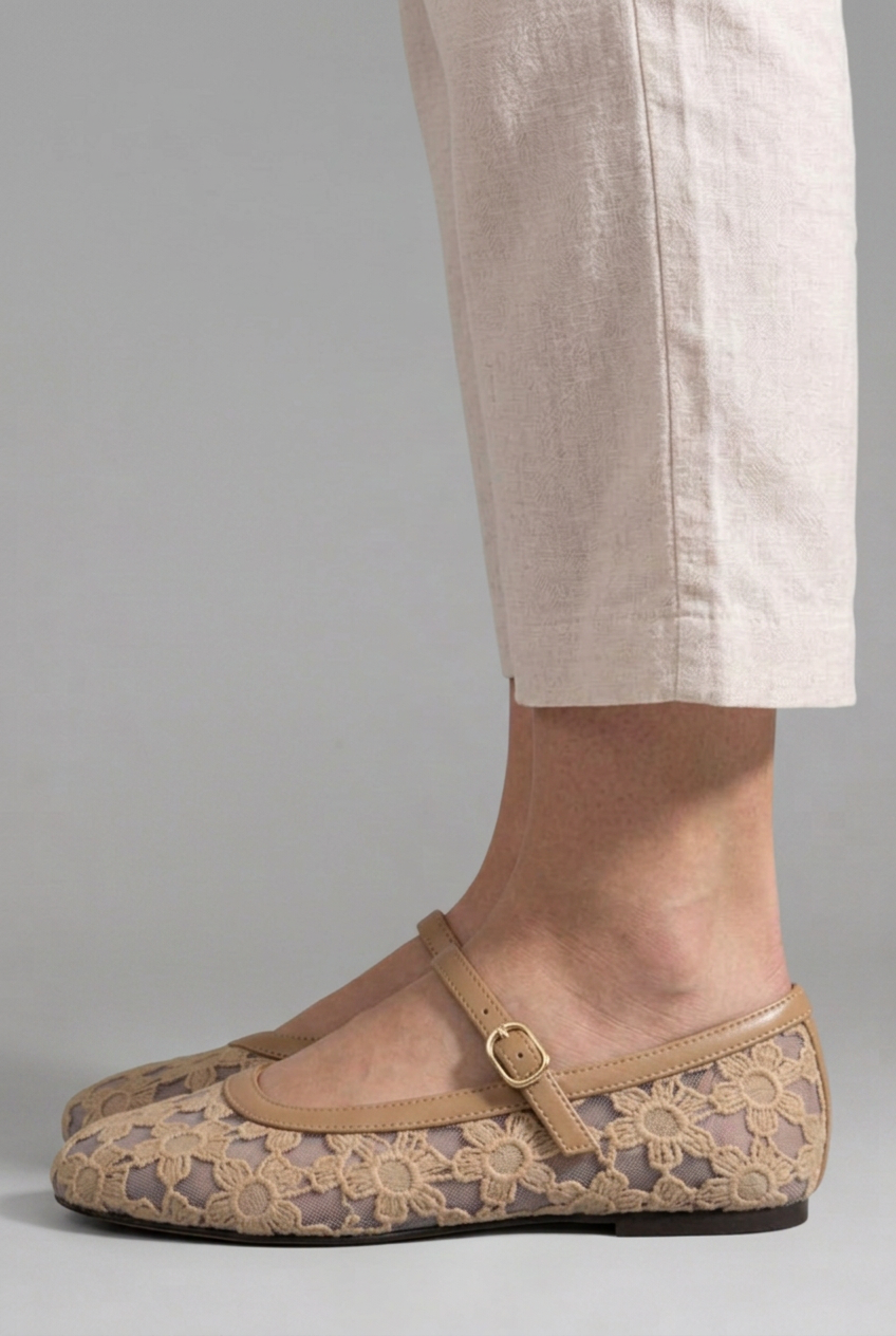 Women's Mary Jane Flats with Floral Lace Mesh Upper