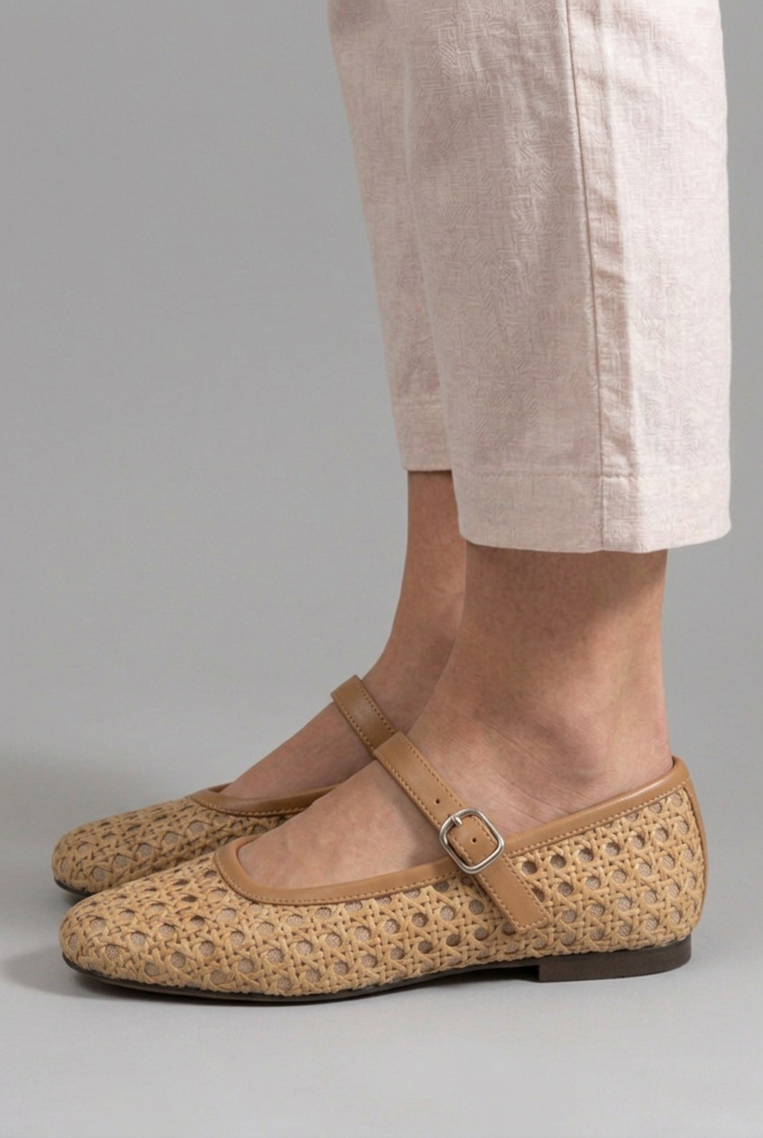 Women's Mary Jane Flats with Woven Crochet Floral Upper