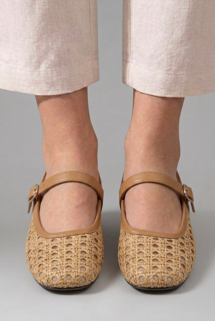 Women's Mary Jane Flats with Woven Crochet Floral Upper