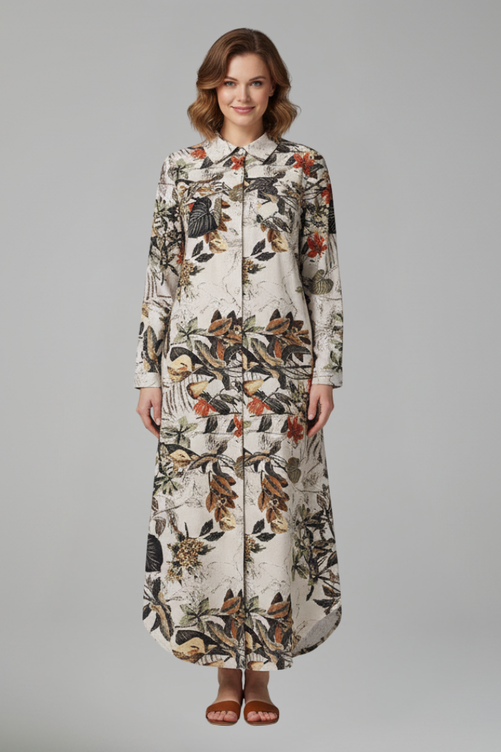 Women’s Maxi Dress with Collar Neckline and Button Placket