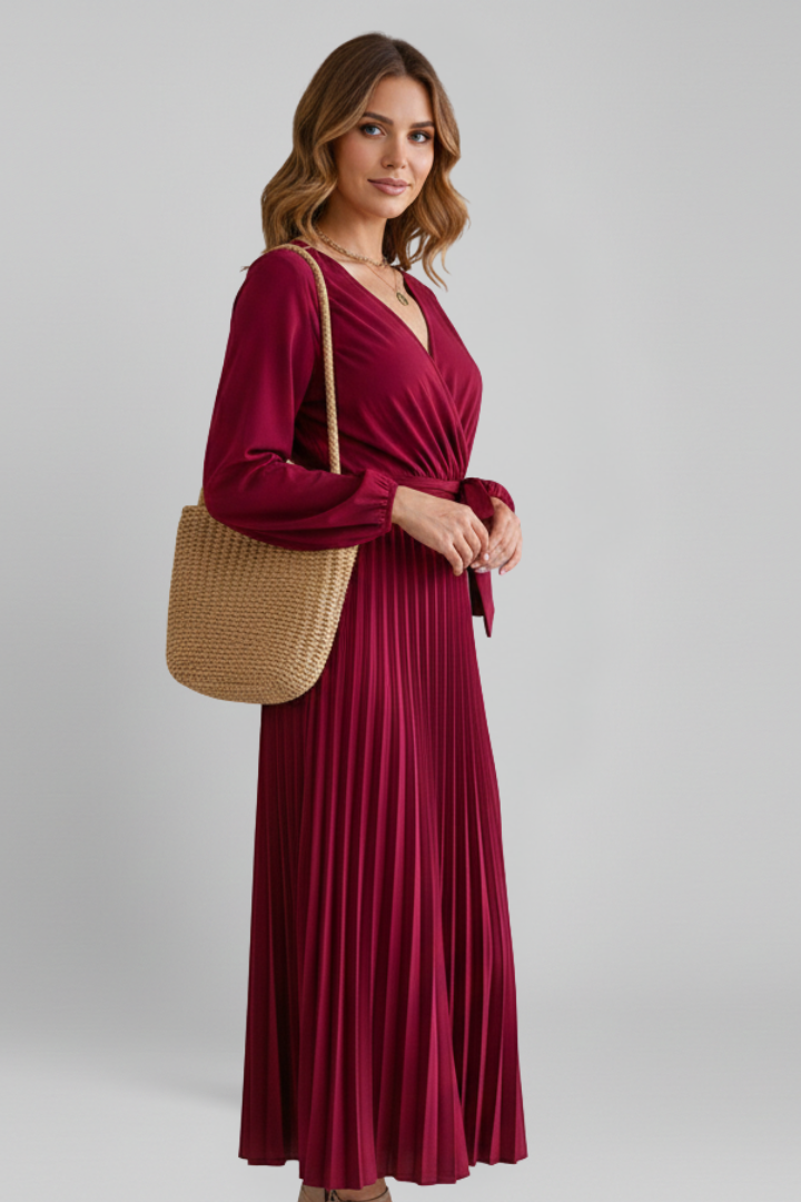 Women's maxi dress with V neckline, long sleeves, pleated skirt and waist  tie detail