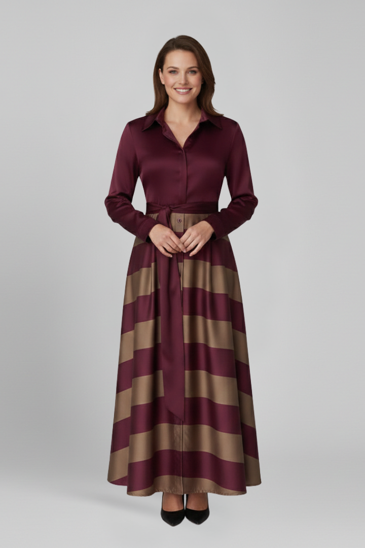 Women’s Maxi Dress with Shirt Collar and Waist Belt