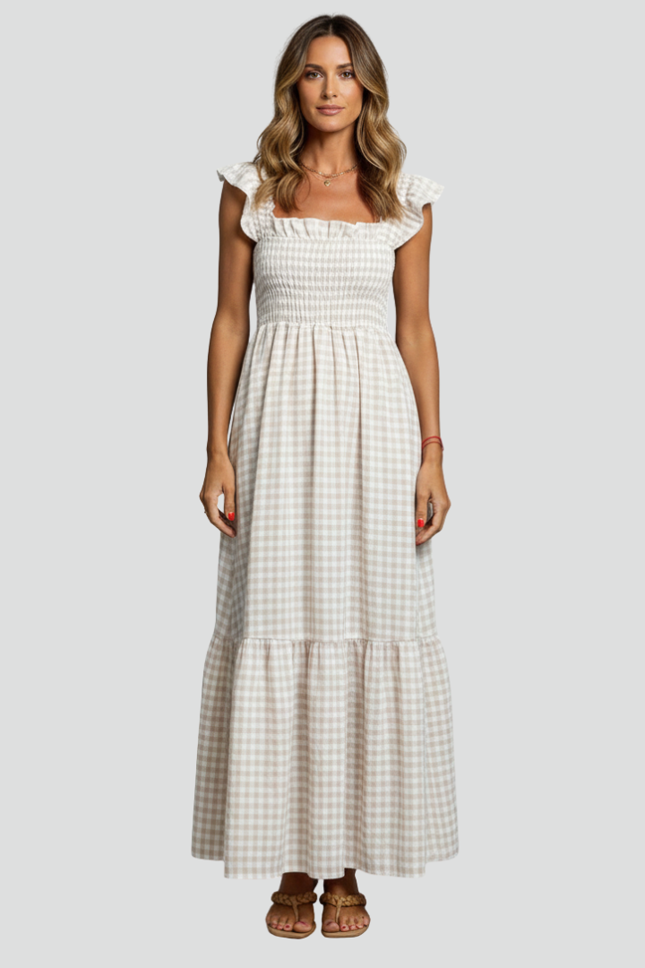 Women’s Maxi Dress with Textured Bodice and Ruffled Sleeves