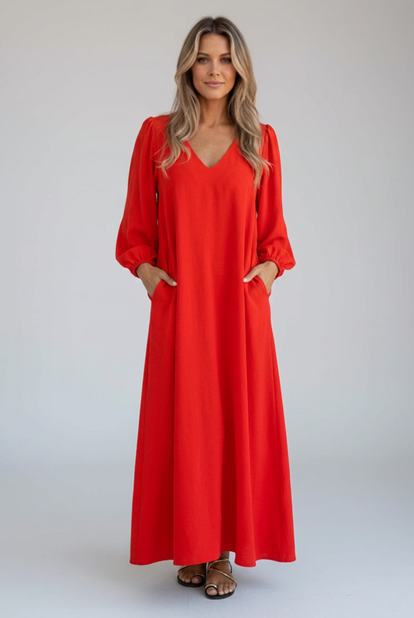 Women’s Maxi Dress with V Neckline, Gathered Sleeves and Side Pockets