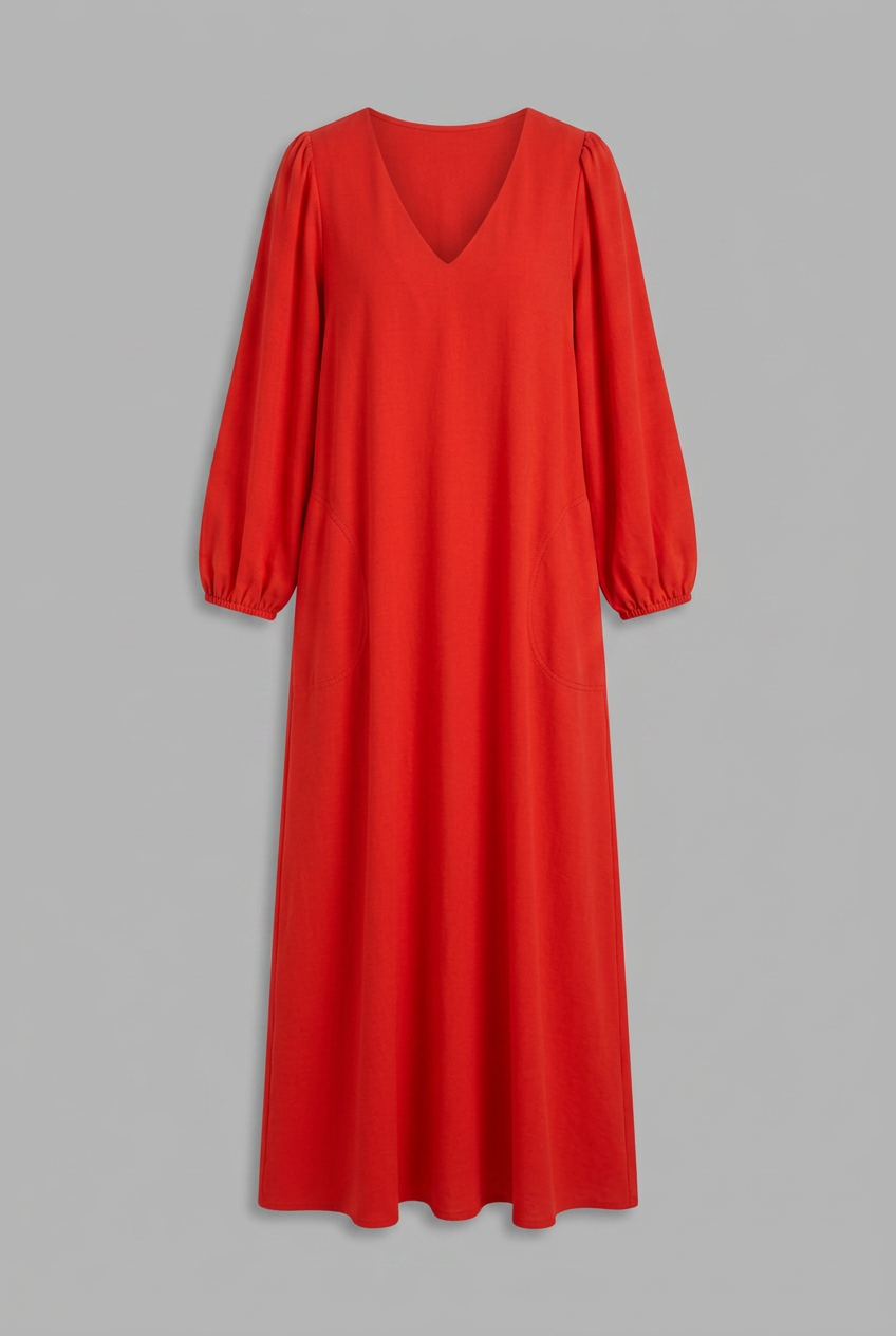 Women’s Maxi Dress with V Neckline, Gathered Sleeves and Side Pockets