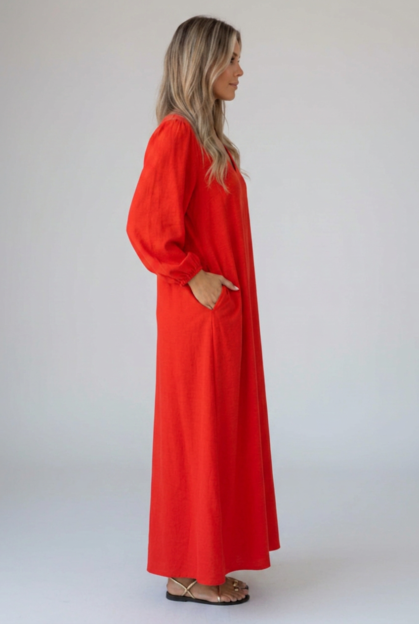 Women’s Maxi Dress with V Neckline, Gathered Sleeves and Side Pockets