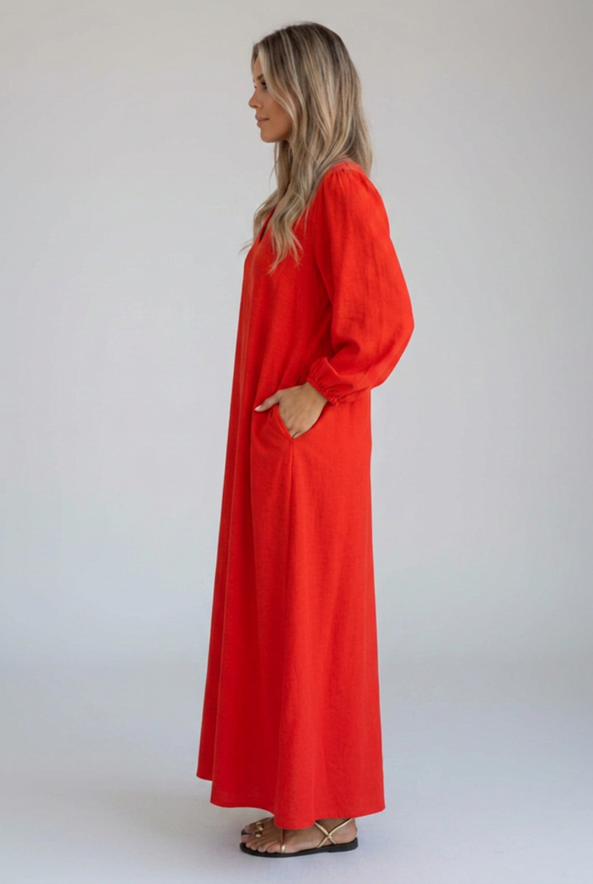 Women’s Maxi Dress with V Neckline, Gathered Sleeves and Side Pockets