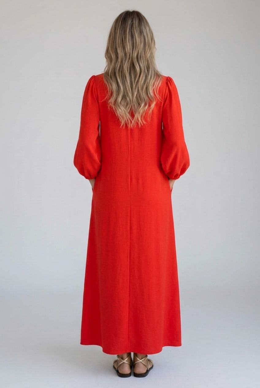 Women’s Maxi Dress with V Neckline, Gathered Sleeves and Side Pockets