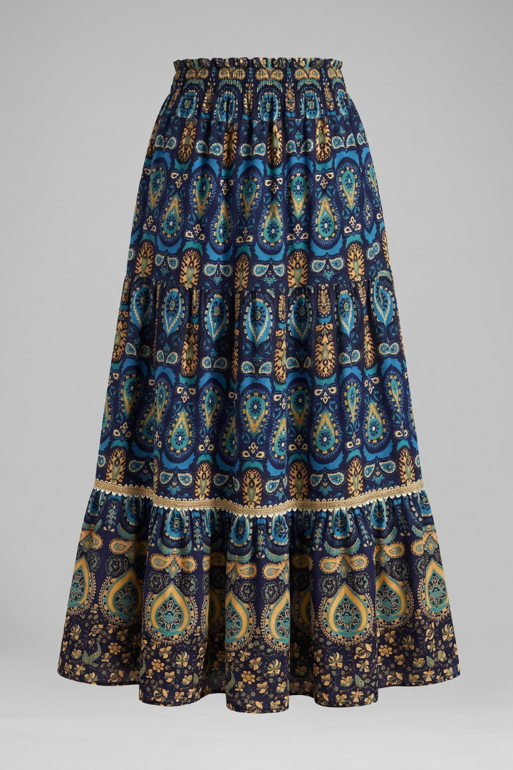 Women’s Maxi Skirt with Elastic Waist and Tiered Panels