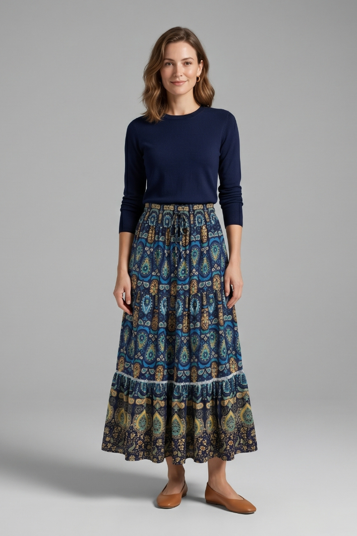 Women’s Maxi Skirt with Elastic Waist and Tiered Panels