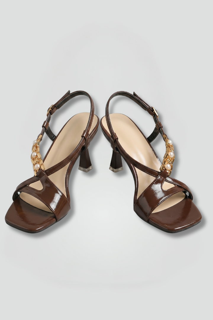 Women's Mid Heel Leather Sandals with Buckle and Open Toe