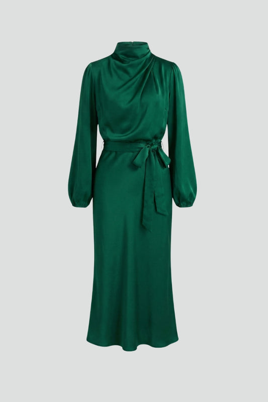 Women’s Midi Dress with High Neckline and Long Sleeves