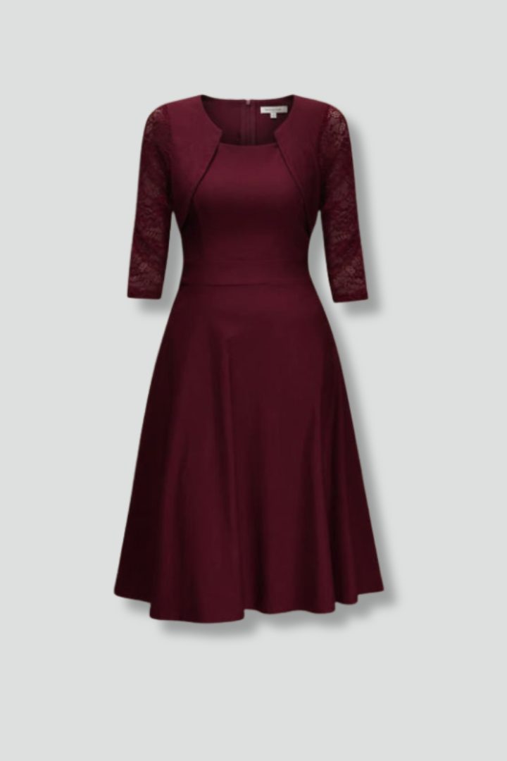 Women’s Midi Dress with Round Neckline and Lace Sleeves