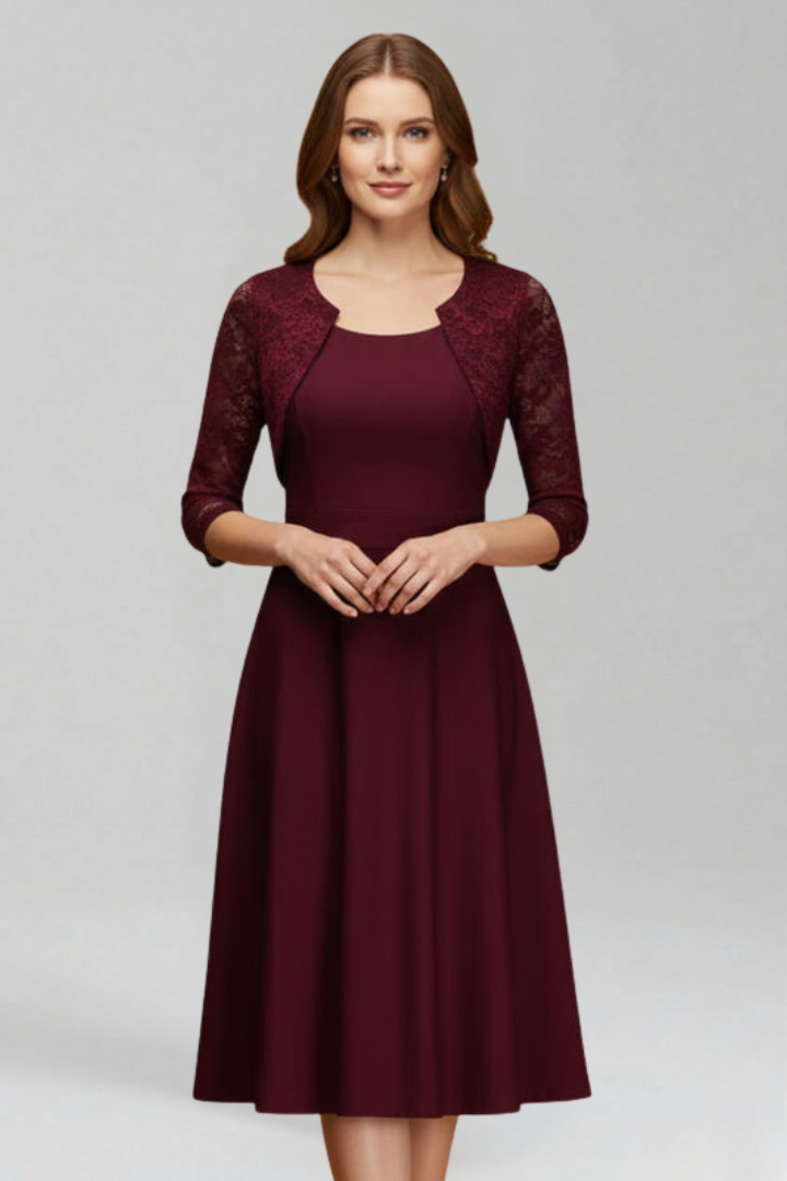 Women’s Midi Dress with Round Neckline and Lace Sleeves