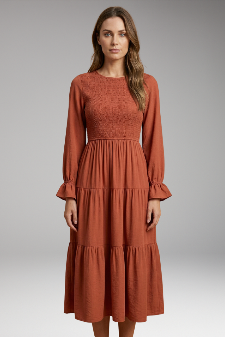 Women’s Midi Dress with Round Neck and Tiered Skirt
