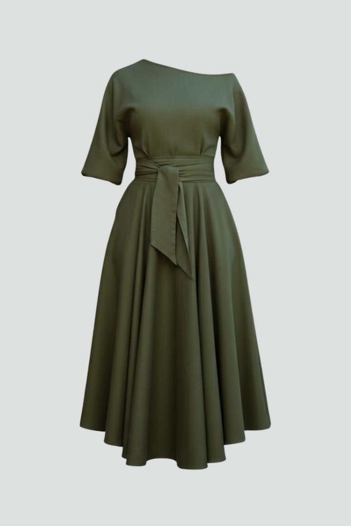 Women’s Midi Dress with Off-Shoulder Neckline and Lantern Sleeves