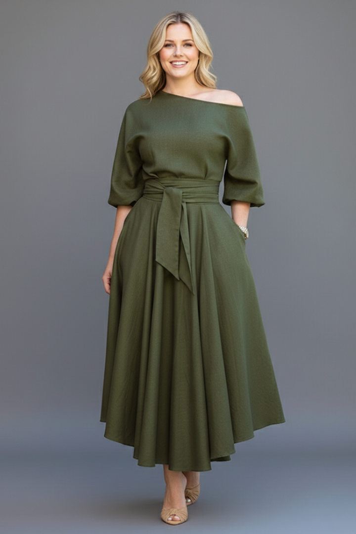 Women’s Midi Dress with Off-Shoulder Neckline and Lantern Sleeves