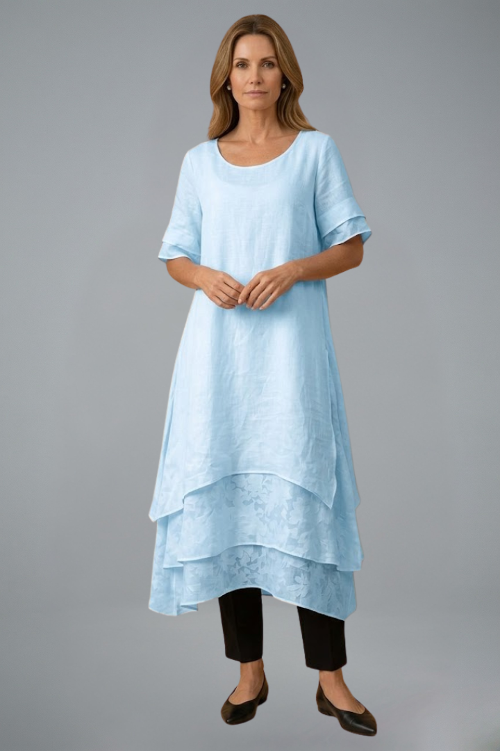 Women’s Midi Dress with Open Neckline and Flowing Skirt